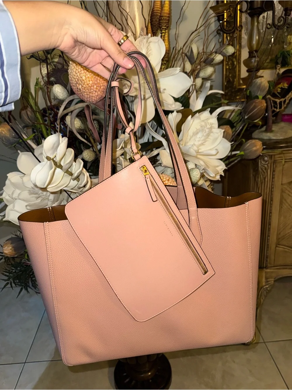 Tory Burch Blush Pink Pebbled Leather Tote with Gold Logo